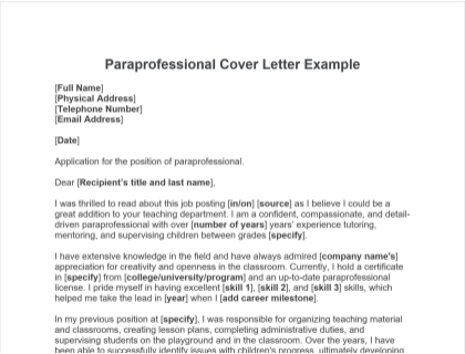 cover letter for paraprofessional job example