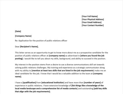 sample of an application letter for a public relations officer