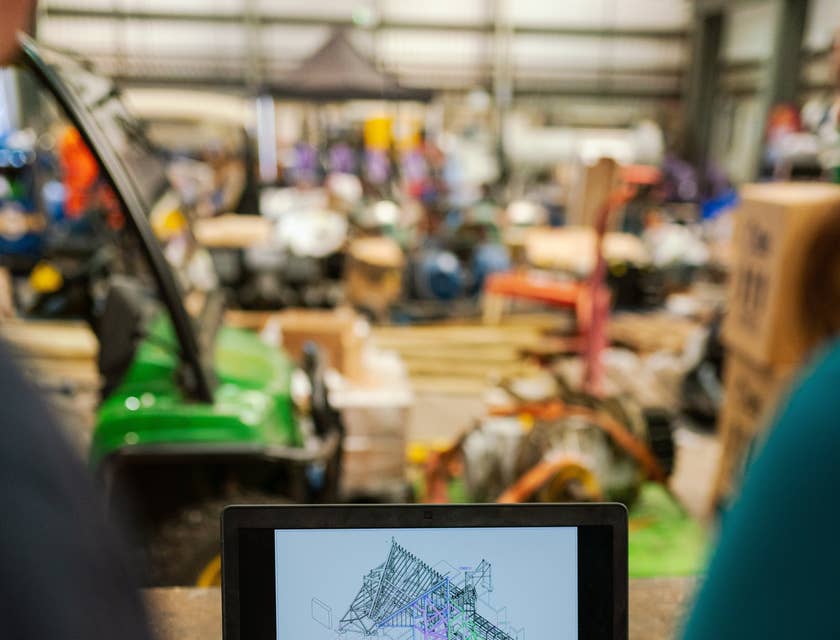AutoCAD Drafter discusses the final design concept to a colleague in their workshop