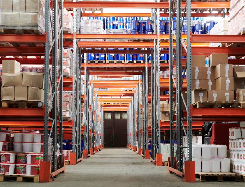 Vista de inventario en un pasillo de almacén, con estanterías y productos.