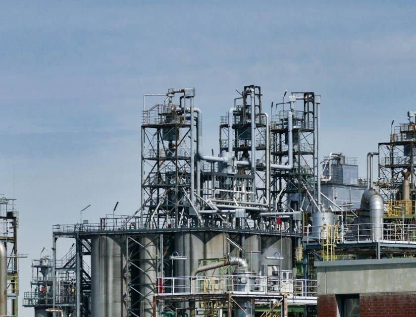 Una planta de procesamiento con empleados contratados en una bolsa de trabajo de petróleo y gas.