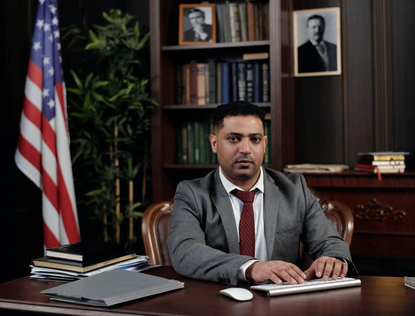 A Hispanic lawyer sitting at his desk.