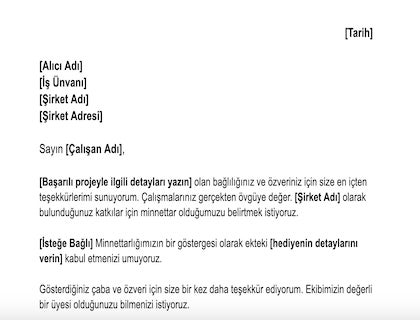 Çalışanlara teşekkür mektubu şablonu