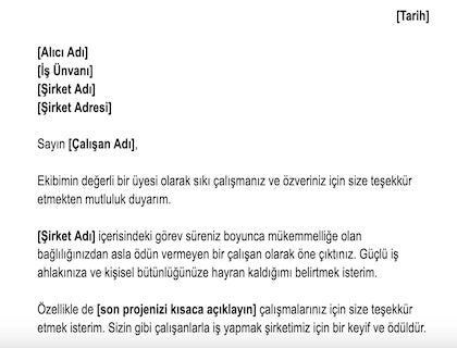 Çalışanlara teşekkür mektubu şablonu