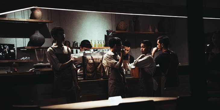 The crew member's after shift huddle before the store closes.