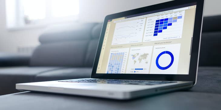 Salesforce business analysts workstation with data and graphs displayed on a laptop's screen