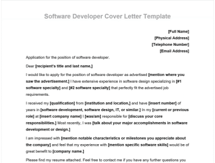 Software Developer Cover Letter