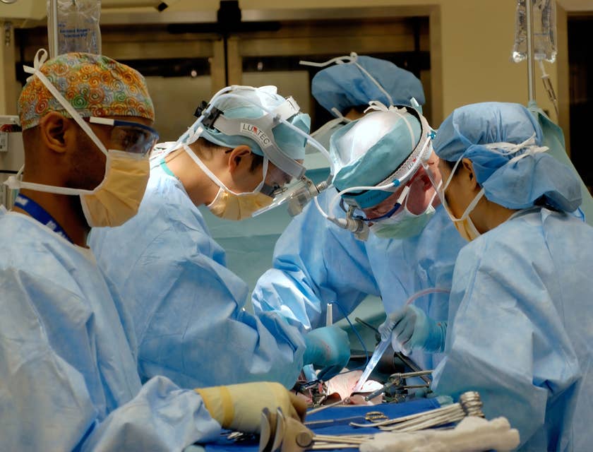 Thoracic surgeon assists other surgeons in a heart transplant procedure