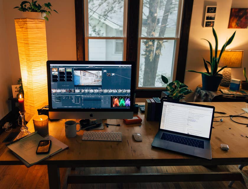 Video editor workstation with two visible screens