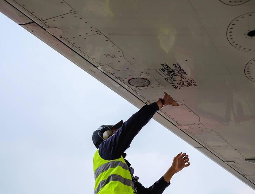 Aircraft Maintenance Engineer checking the plane's fuel pit