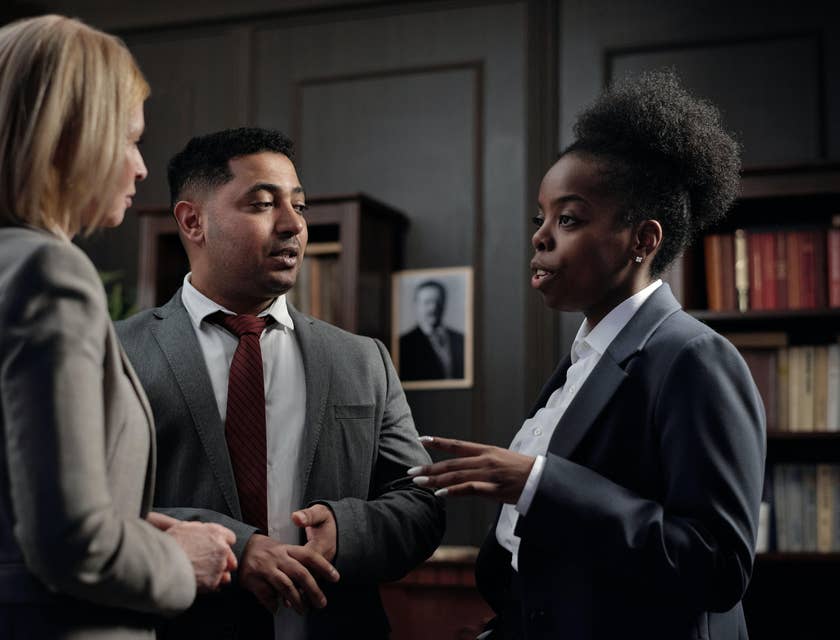 An Arbitrator in the middle of two female clients facilitating communication to settle disputes.