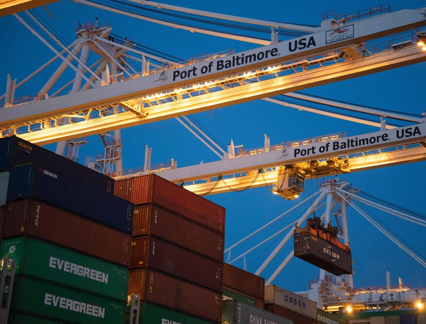 A shipping yard in the port of Baltimore, Maryland.