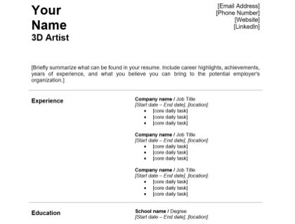 Free 3D Artist Resume Template Download