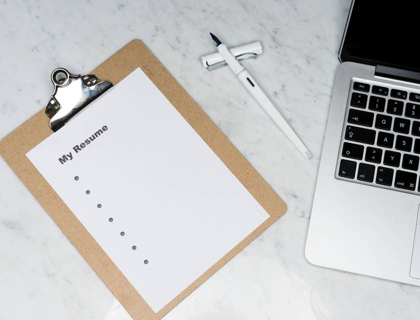 Clipboard with a page on it that reads 'my resume'