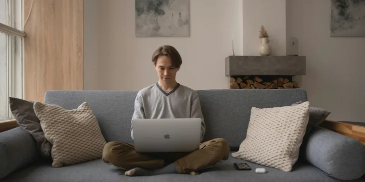 A man sitting on a sofa and using a laptop.