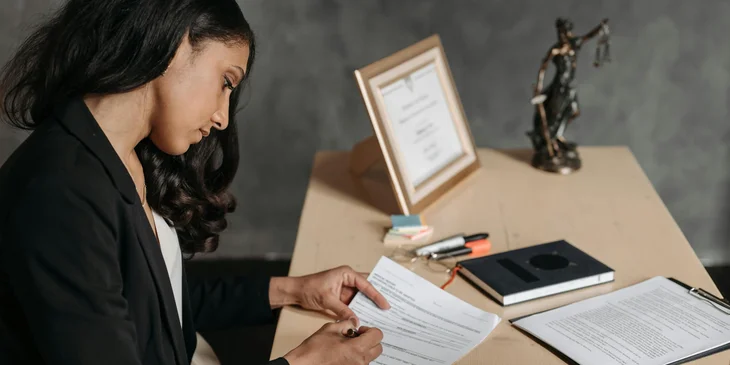 A legal woman writing on a document.