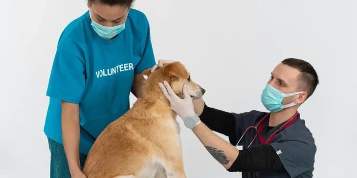 A veterinarian examining a dog.