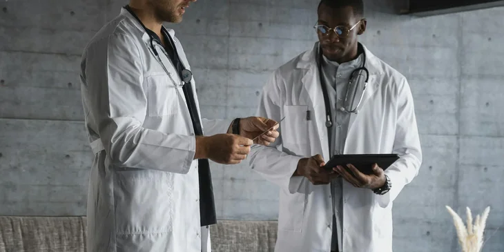 Men in white coats wearing stethoscopes.