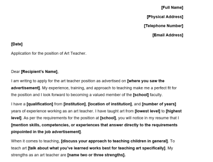 Art Teacher Cover Letter Sample