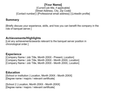 Free banquet server resume template download