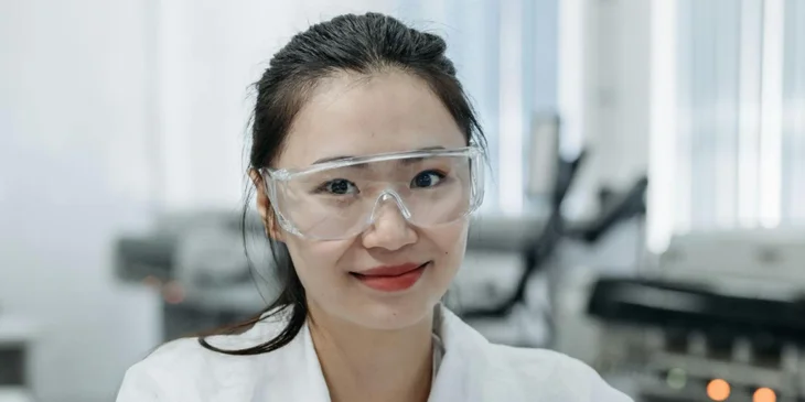 A female medical practitioner wearing a laboratory coat.