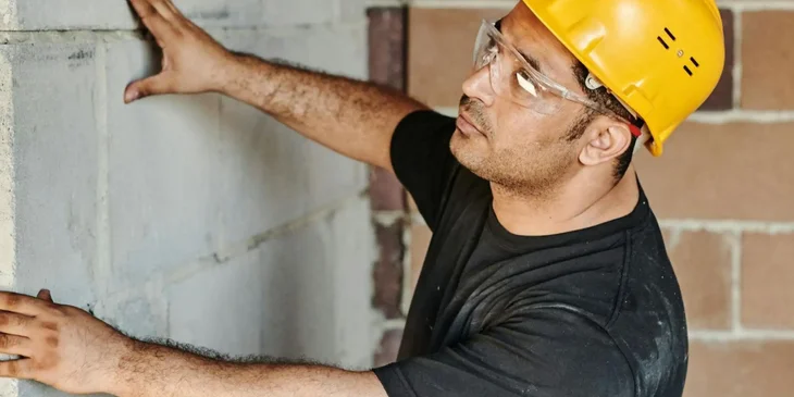 A blue collar worker repairing a wall.
