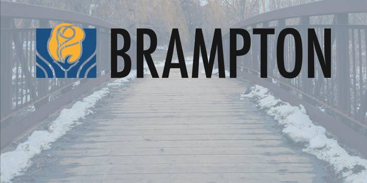 A view of a wooden bridge located in a park in Brampton, Ontario.