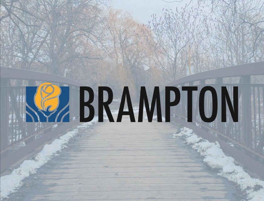 A view of a wooden bridge located in a park in Brampton, Ontario.