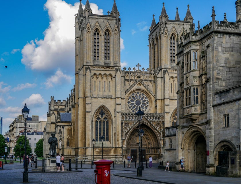 A street view of Bristol Cathedral in Bristol, South West England.