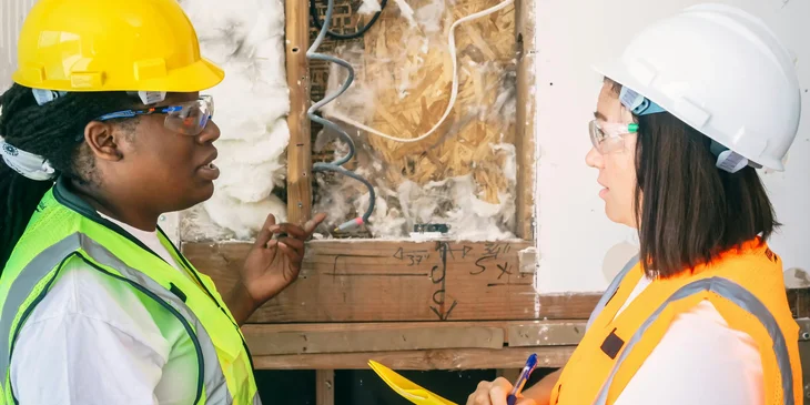 A building inspector speaking with an engineer and inspecting the safety of the building structure.