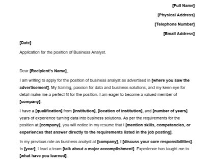 Business Analyst Cover Letter Template
