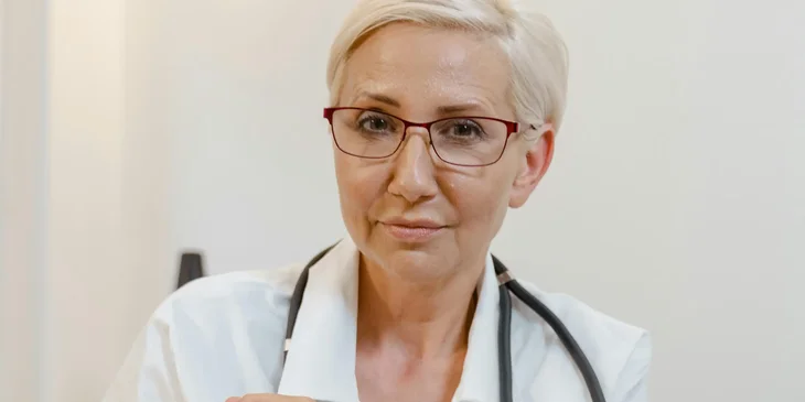 A woman wearing a stethoscope.