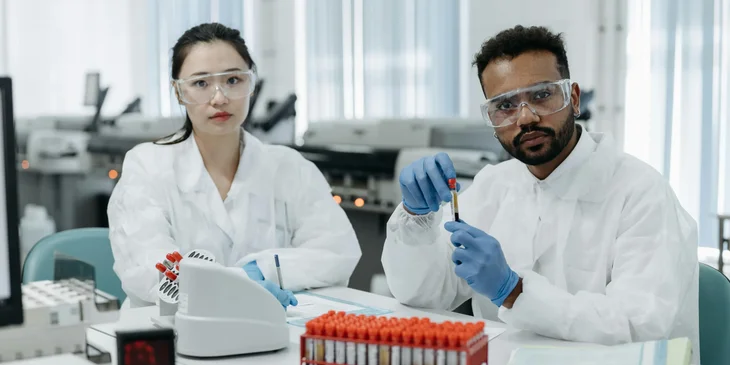 A male medical practitioner holding a test tube sample.