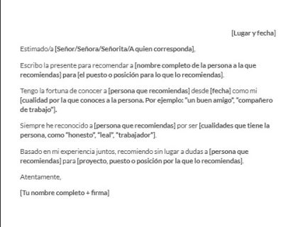 Plantilla de Carta de Recomendación