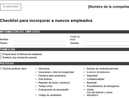 Plantilla de checklist para incorporar a nuevos empleados.