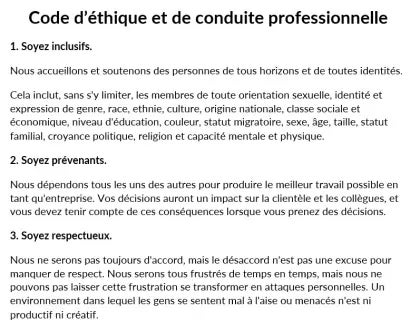 Exemple de code d'éthique et de conduite