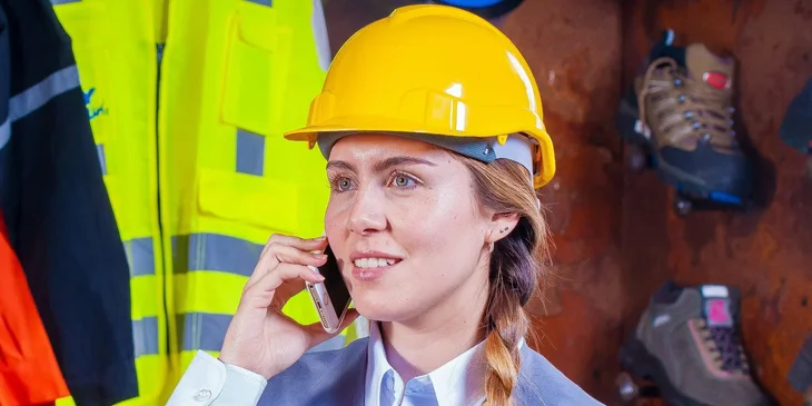 A woman in a gray vest and a yellow hard hat inside a room.