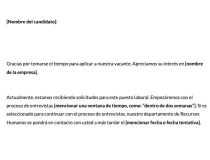 Una captura de pantalla de una plantilla para una carta de agradecimiento por haber aplicado a un puesto de trabajo.