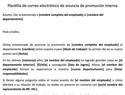 Plantilla de correo electrónico de anuncio de promoción interna