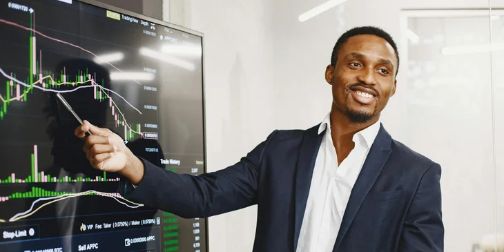 A man doing a data analysis presentation.