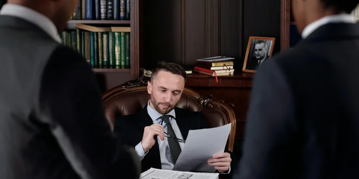 A district attorney reviewing and analyzing legal case documents presented to him by his associates.