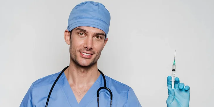 A doctor in uniform and gloves with stethoscope and syringe.
