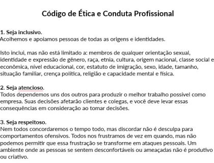 Exemplo de código de ética e conduta profissional.