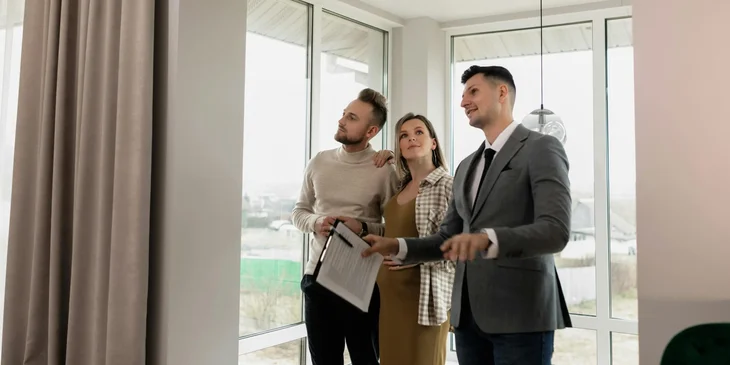 A real estate agent giving the couple a tour of a house.