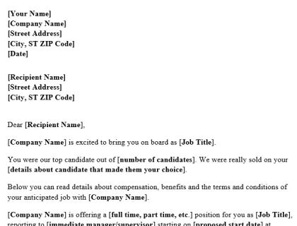 A free simple job offer letter format in MS Word.