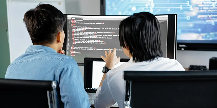 Two embedded developers working on a project, facing the computer.