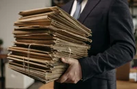 La mano de un ejecutivo sosteniendo formularios de información de los empleados.