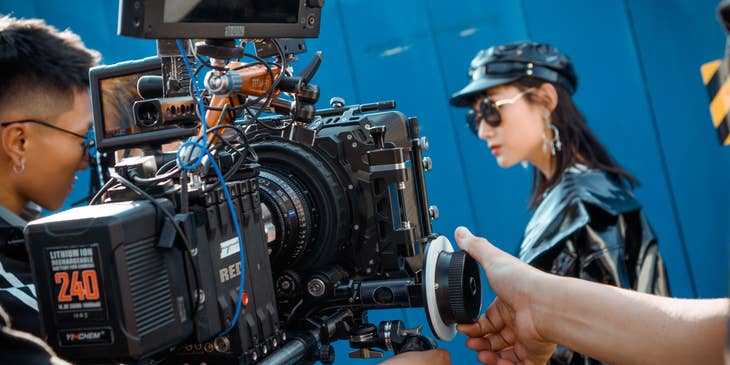 Entertainment industry professionals filming a scene.