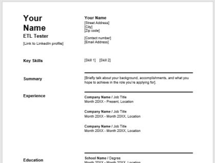 Free ETL tester resume template