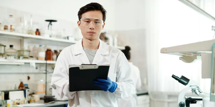 A scientist holding a clipboard in a laboratory setting.
